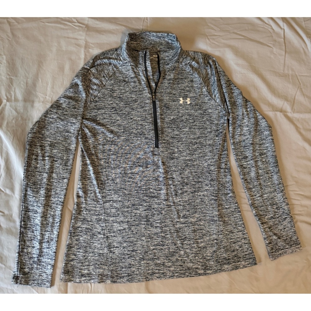 Under Armour Womens HeatGear Quarter Zip Pullover Space Dye Grey Black Large - Picture 2 of 7